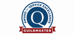 red, white and blue guildmaster award for service excellence badge